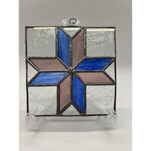 Vintage Stained Glass panel 5” X 5” Quilting Square Pink And Blue Cross Shape